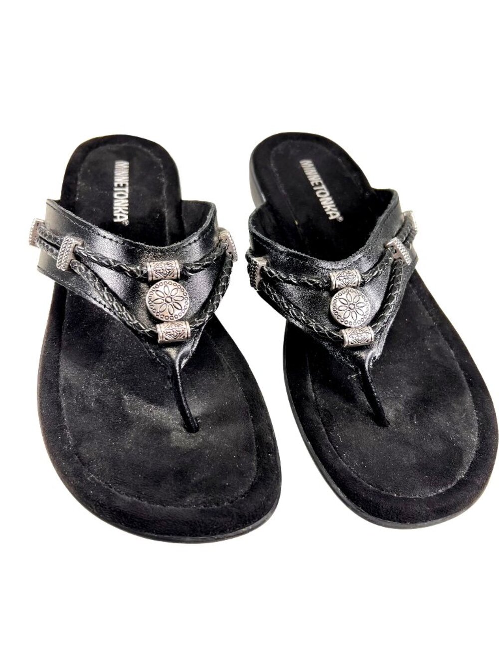 Minnetonka Silverthorne Leather Sandals Black Braid Silver 8WW Flip Flop Thongs